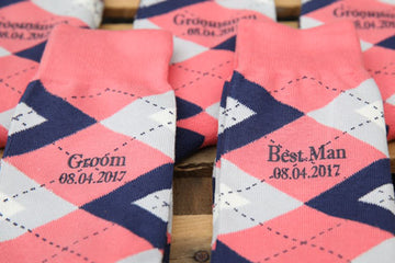 Coral and Navy Argyle Customized Text Groomsmen Dress Socks