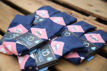 Flamingo Blush Petal Pink Navy Argyle Customized Text Groomsmen Dress Socks