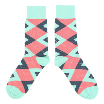 Coral Mint Argyle Wedding Groomsmen Men's Dress Socks with Matching Bow Tie