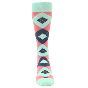 Coral Mint Argyle Wedding Groomsmen Men's Dress Socks