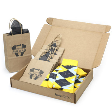 Customizable Groomsmen Gift Set Golden Yellow Gray Argyle Men’s Dress Socks