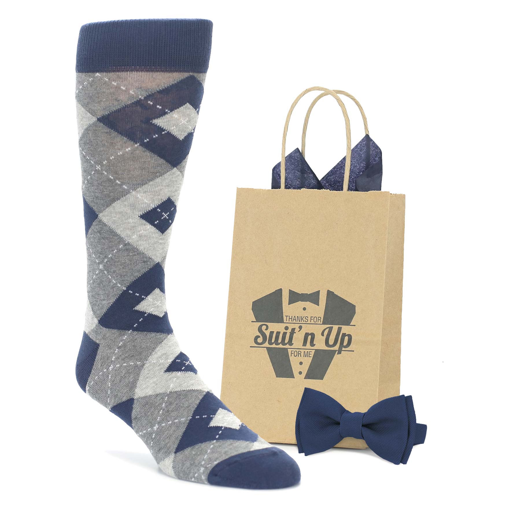 Navy Gray Argyle Wedding Groomsmen Men's Dress Socks with Navy Bow Tie U.S. Men's Shoe Sizes 13-16