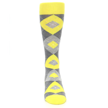 Lemon Yellow Gray Argyle Wedding Groomsmen Men’s Dress Socks