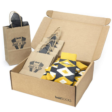 Customizable Groomsmen Gift Set Mustard Yellow Gray Argyle Men’s Dress Socks