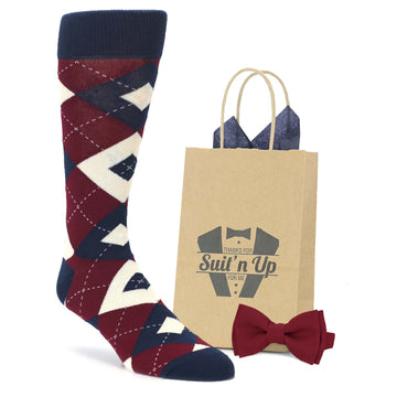 Burgundy Navy Argyle Wedding Groomsmen Men's Dress Socks with Matching Bow Tie