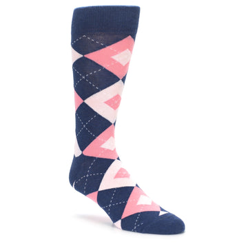 Flamingo Petal Pink Navy Argyle Wedding Groomsmen Men’s Dress Socks