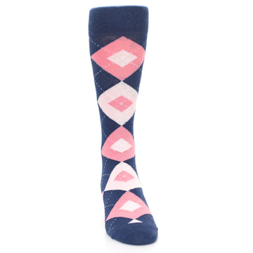 Flamingo Petal Pink Navy Argyle Wedding Groomsmen Men’s Dress Socks