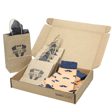 Groomsmen Gift Set Peach Navy Mustache Men's Dress Socks