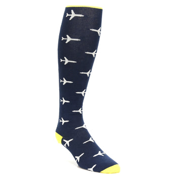 Navy Yellow Airplane Pattern Men's Over-the-Calf Dress Socks