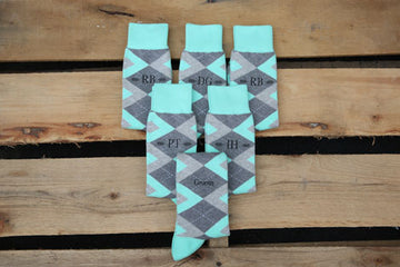 Mint and Gray Argyle Customized Monogram Groomsmen Dress Socks