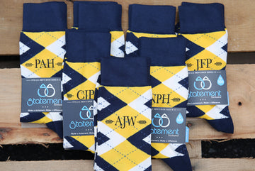 Golden Yellow and Navy Argyle Customized Monogram Groomsmen Dress Socks