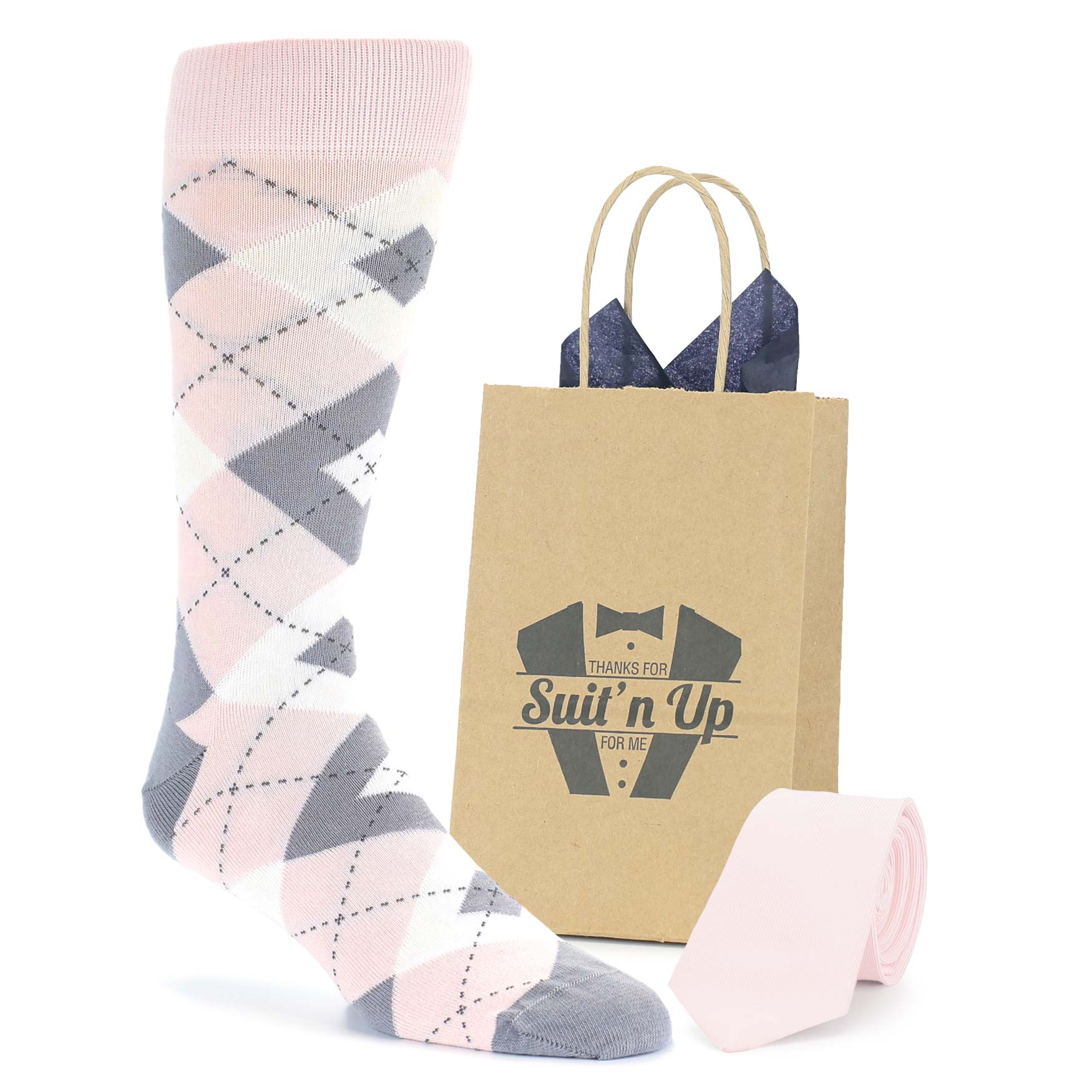 Blush light pink gray argyle wedding socks with tie