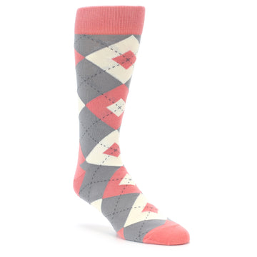 Coral Gray Argyle Wedding Groomsmen Men's Dress Socks