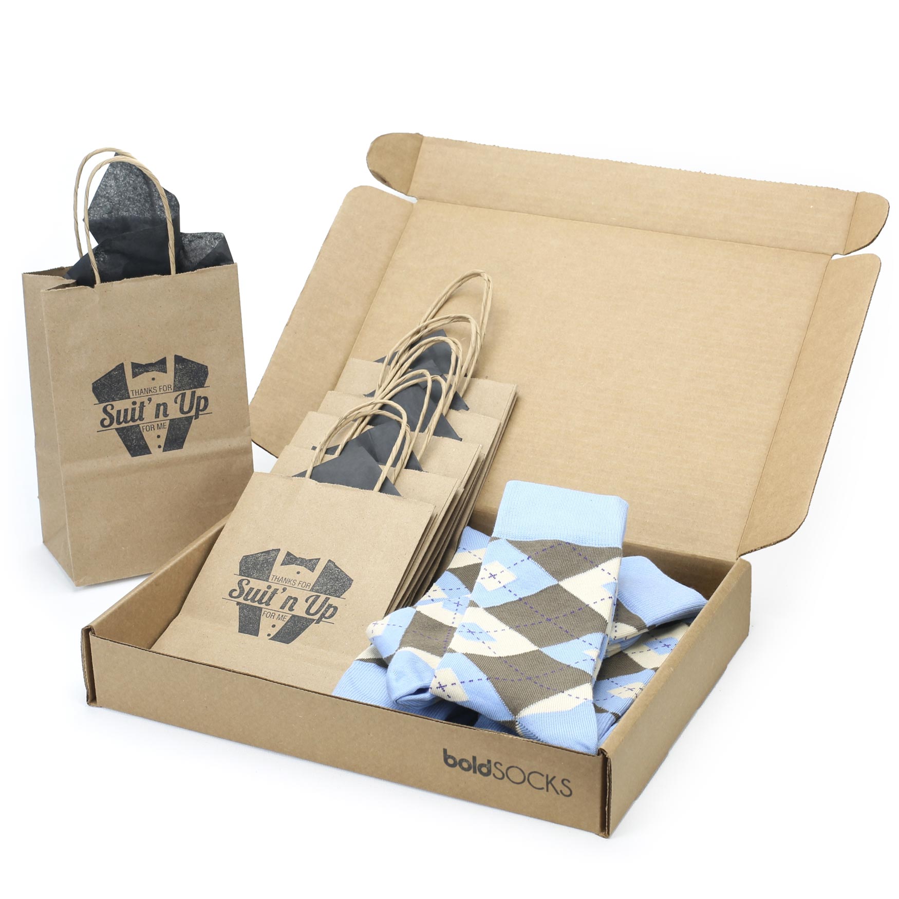 Customizable Groomsmen Gift Set Light Blue Brown Argyle Men’s Dress Socks