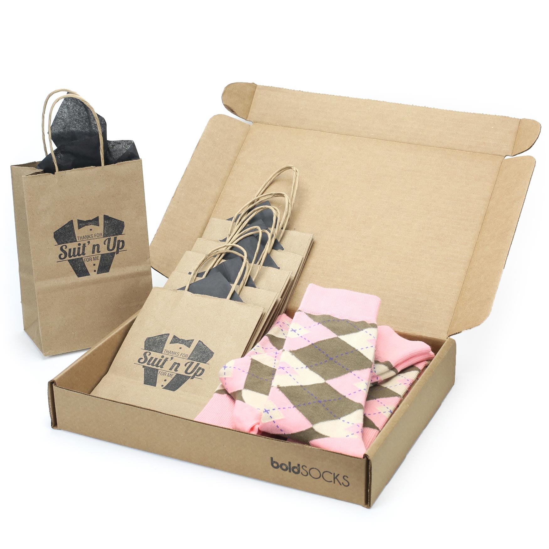Customizable Groomsmen Gift Set Pink Brown Tan Argyle Men’s Dress Socks