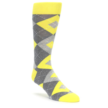 Lemon Yellow Gray Argyle Wedding Groomsmen Men’s Dress Socks