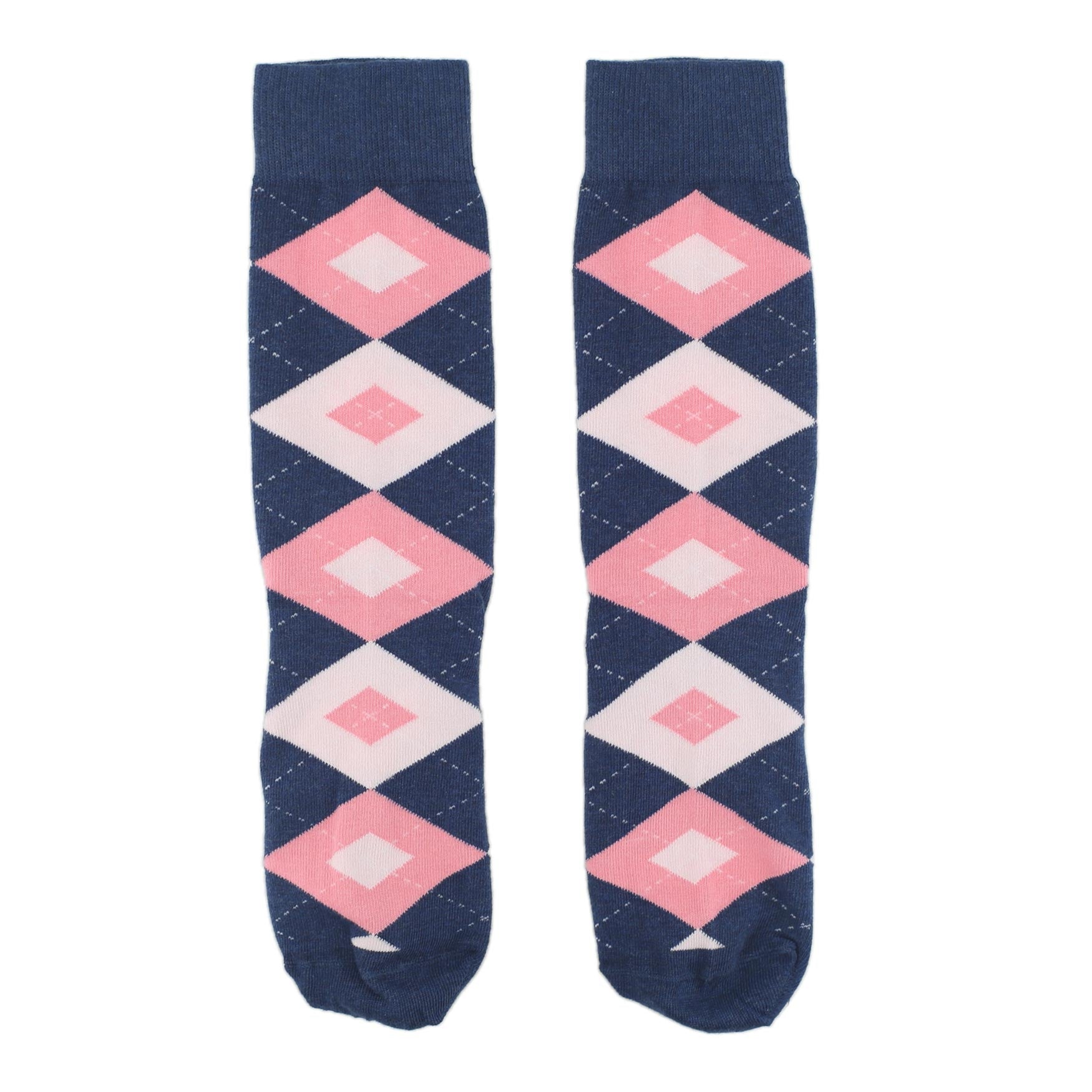 Flamingo-Petal-Pink-Navy-Argyle-Mens-Dress-Socks-Statement-Sockwear-overhead