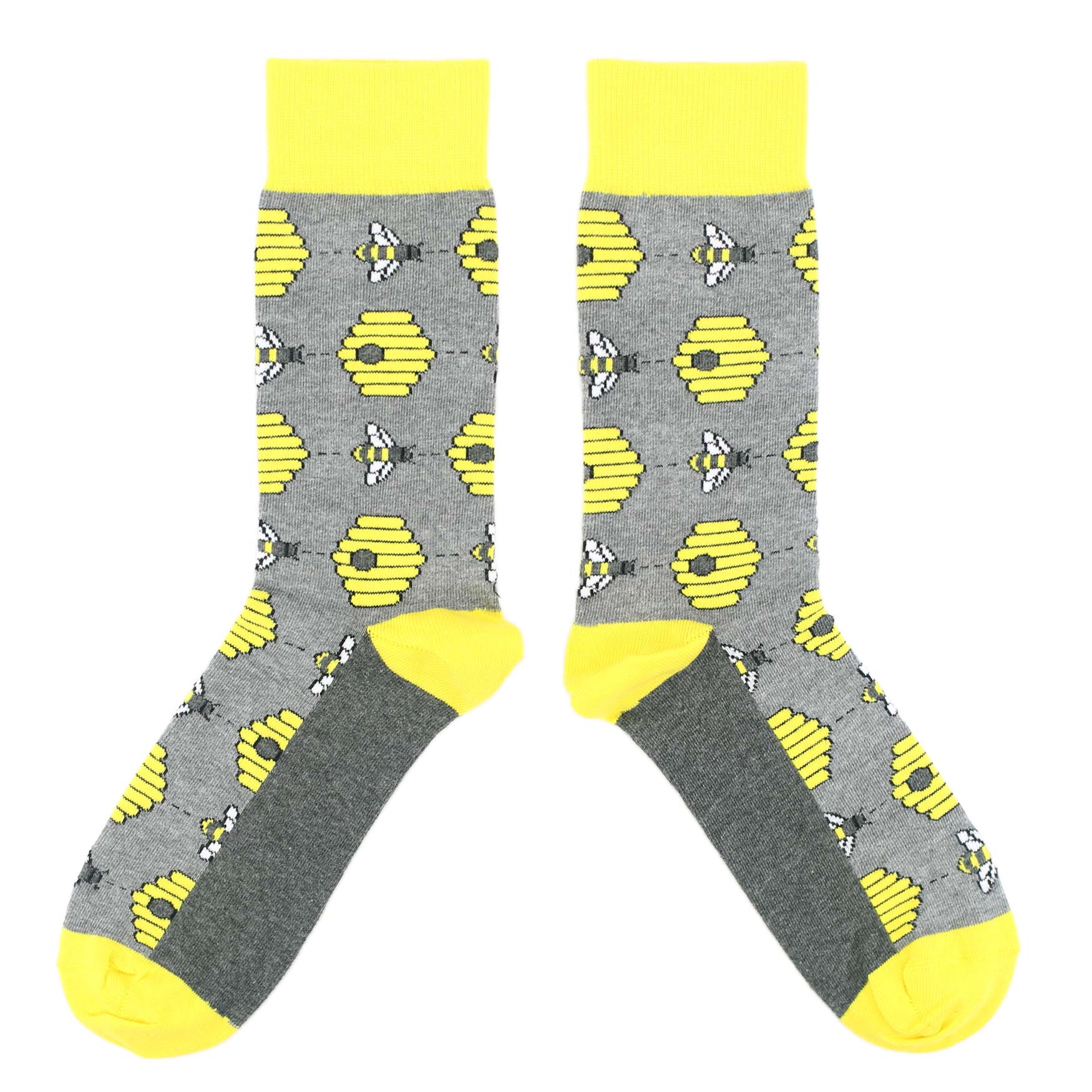 Gray-Yellow-Honey-Bees-Mens-Dress-Socks-Statement-Sockwearent-Sockwear-overhead