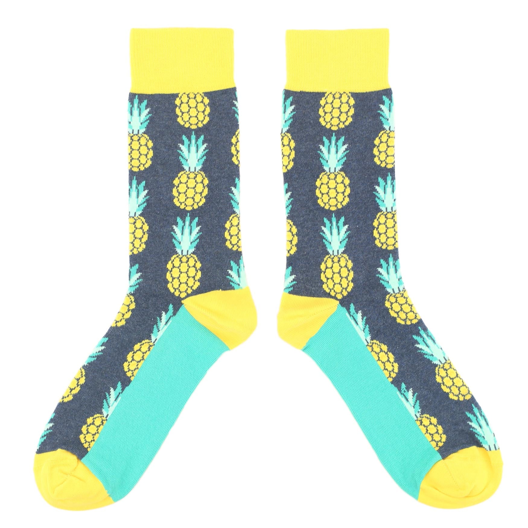 Navy-Yellow-Pineapple-Mens-Dress-Socks-Statement-Sockwear-overhead