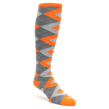 Tangerine-Orange-Gray-Argyle-Mens-Over-the-Calf-Dress-Socks-Statement-Sockwear