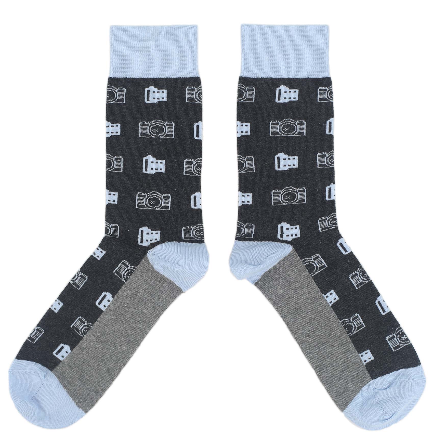 Blue-Gray-Photography-Film-Cameras-Mens-Dress-Socks-Statement-Sockwear-overhead