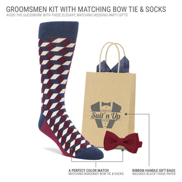 Burgundy Navy Beeline Optical Wedding Groomsmen Men's Dress Socks with Matching Necktie