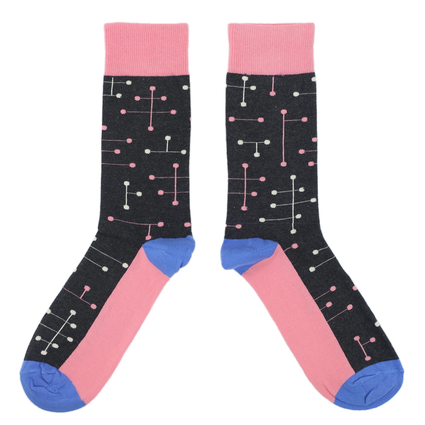 Pink-Blue-Dot-Line-Mens-Dress-Socks-Statement-Sockwear-overhead