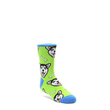 Lime Green Happy Husky Dog Socks - Kid's Dress Socks