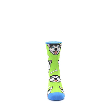 Lime Green Happy Husky Dog Socks - Kid's Dress Socks