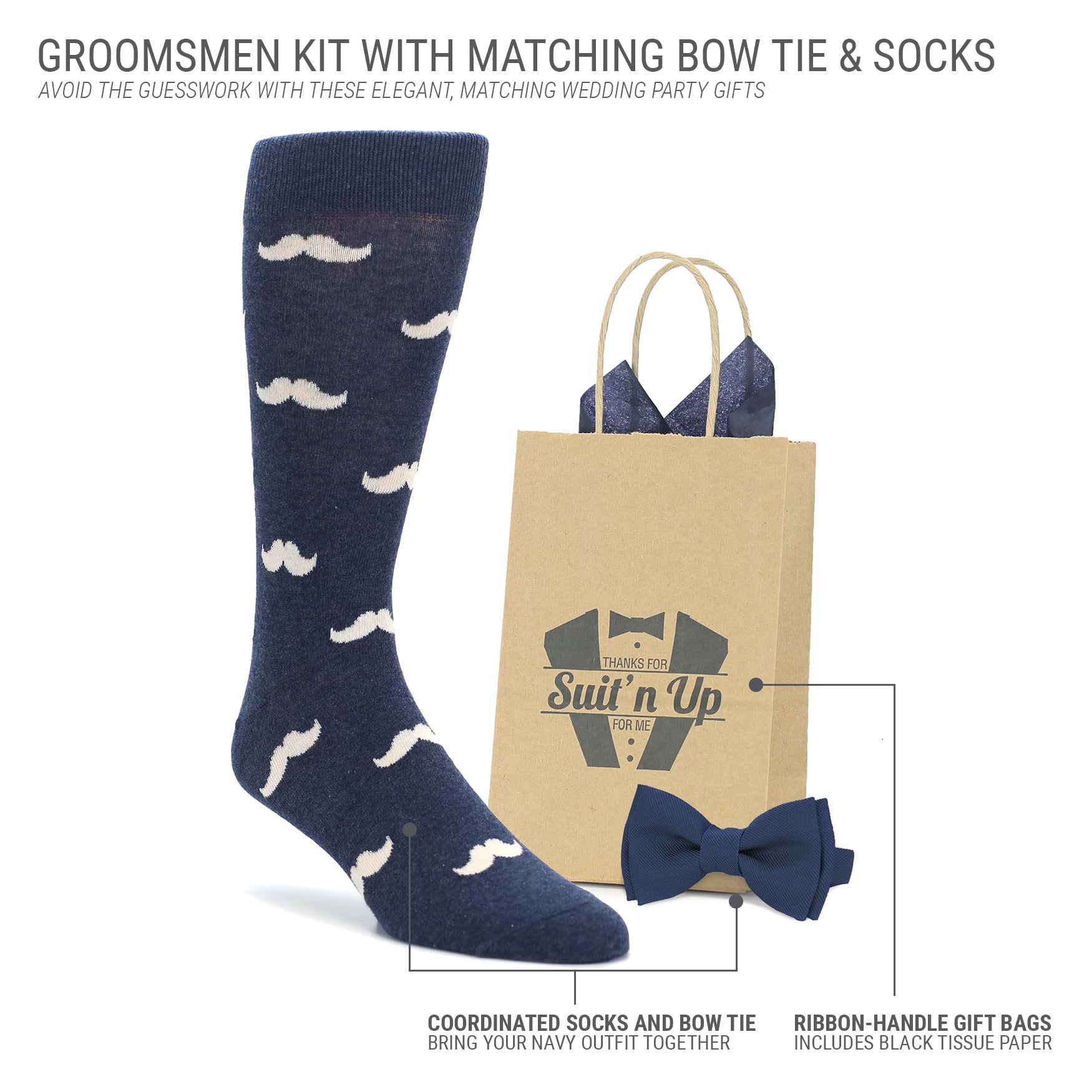 Heathered Navy Mustache Wedding Groomsmen Men's Dress Socks with Navy Bow Tie