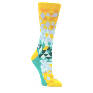 Golden Yellow Turquoise Triangle Geometric Women's Dress Socks