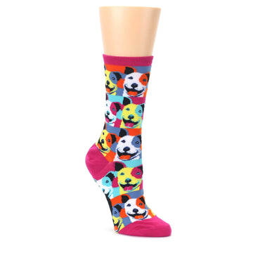 Magenta-Multi-Color-Pitbull-Pop-Art-Womens-Dress-Socks-Mod-Sock