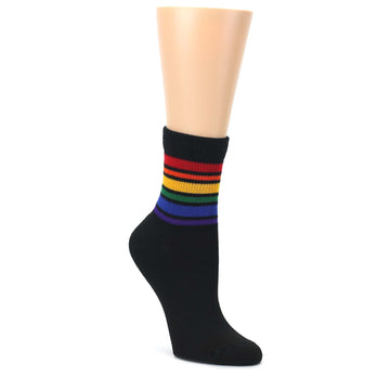 Black-Multicolor-Rainbow-Stripes-Womens-Crew-Socks-Pride-Socks