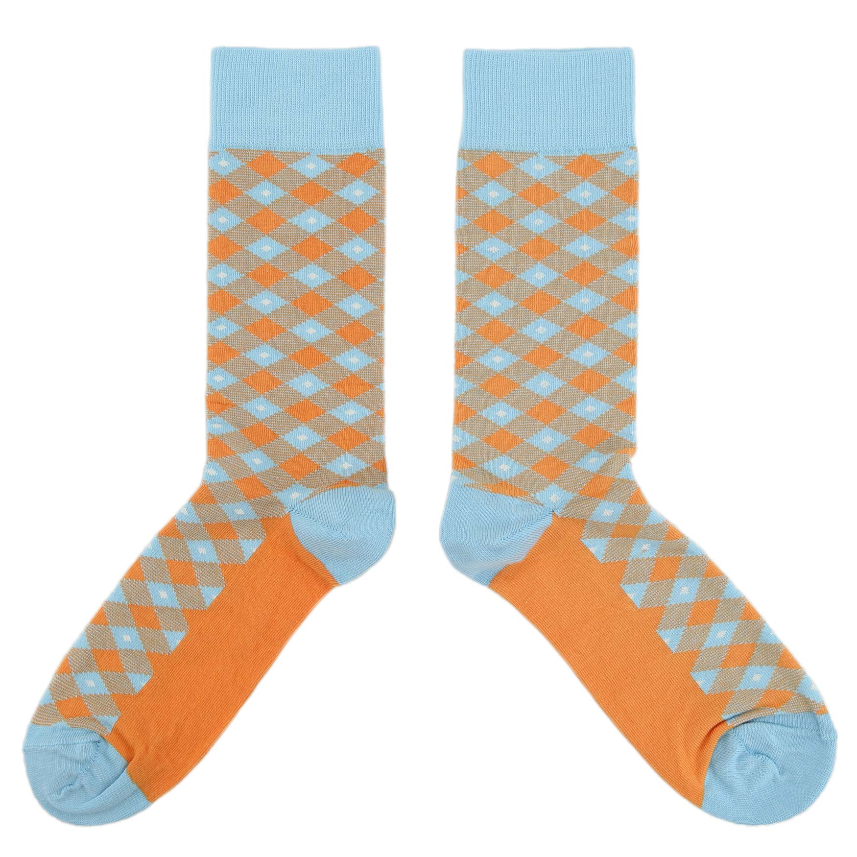 Blue-Orange-Diamond-Plaid-Mens-Dress-Socks-Statement-Sockwear-overhead