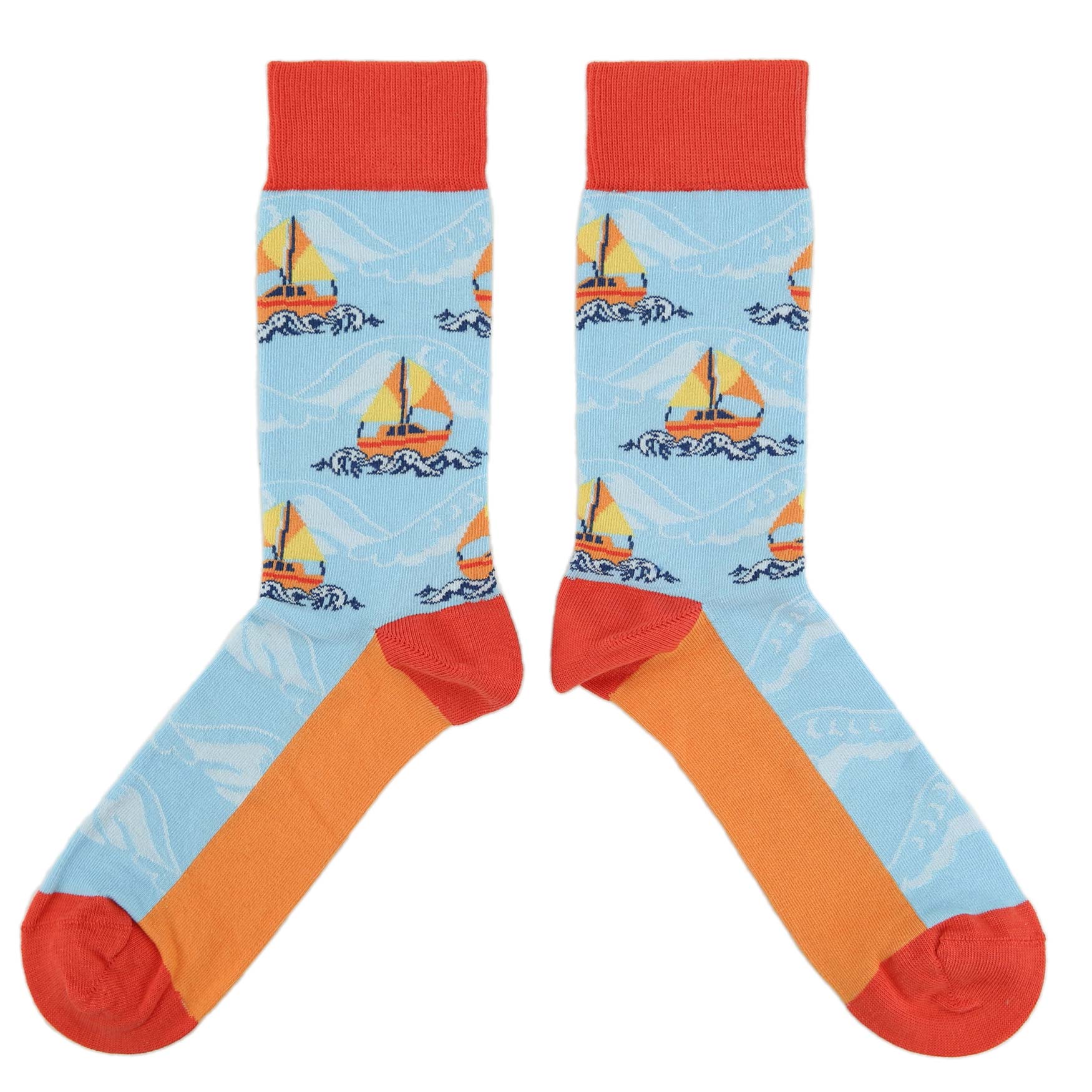 Blue-Orange-Waves-Sailboats-Mens-Dress-Socks-Statement-Sockwear-overhead