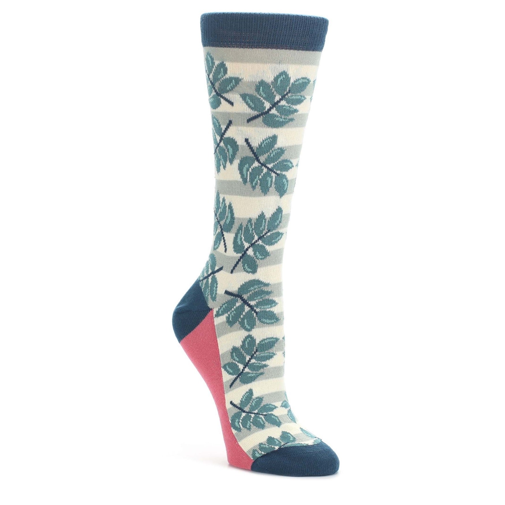 Dark-Teal-Cream-Palm-Branches-Womens-Dress-Socks-Statement-Sockwear