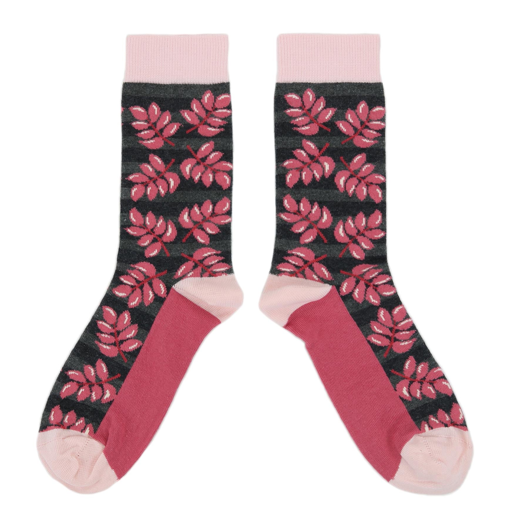Pink-Charcoal-Palm-Branches-Womens-Dress-Socks-Statement-Sockwear-overhead