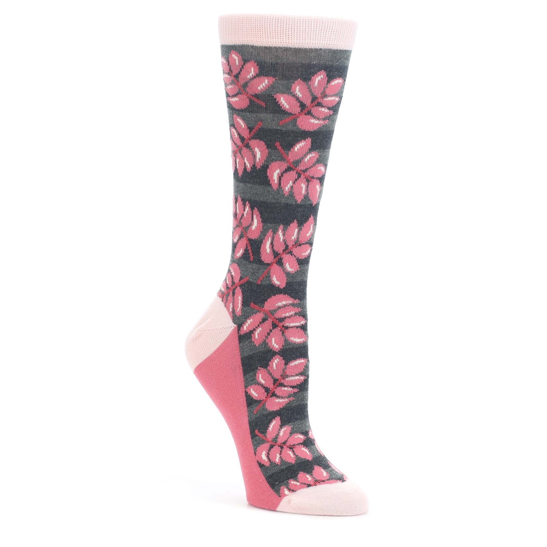Pink-Charcoal-Palm-Branches-Womens-Dress-Socks-Statement-Sockwear