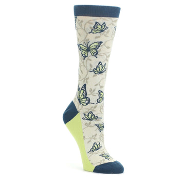 Beige Navy Lime Butterfly Women's Dress Socks