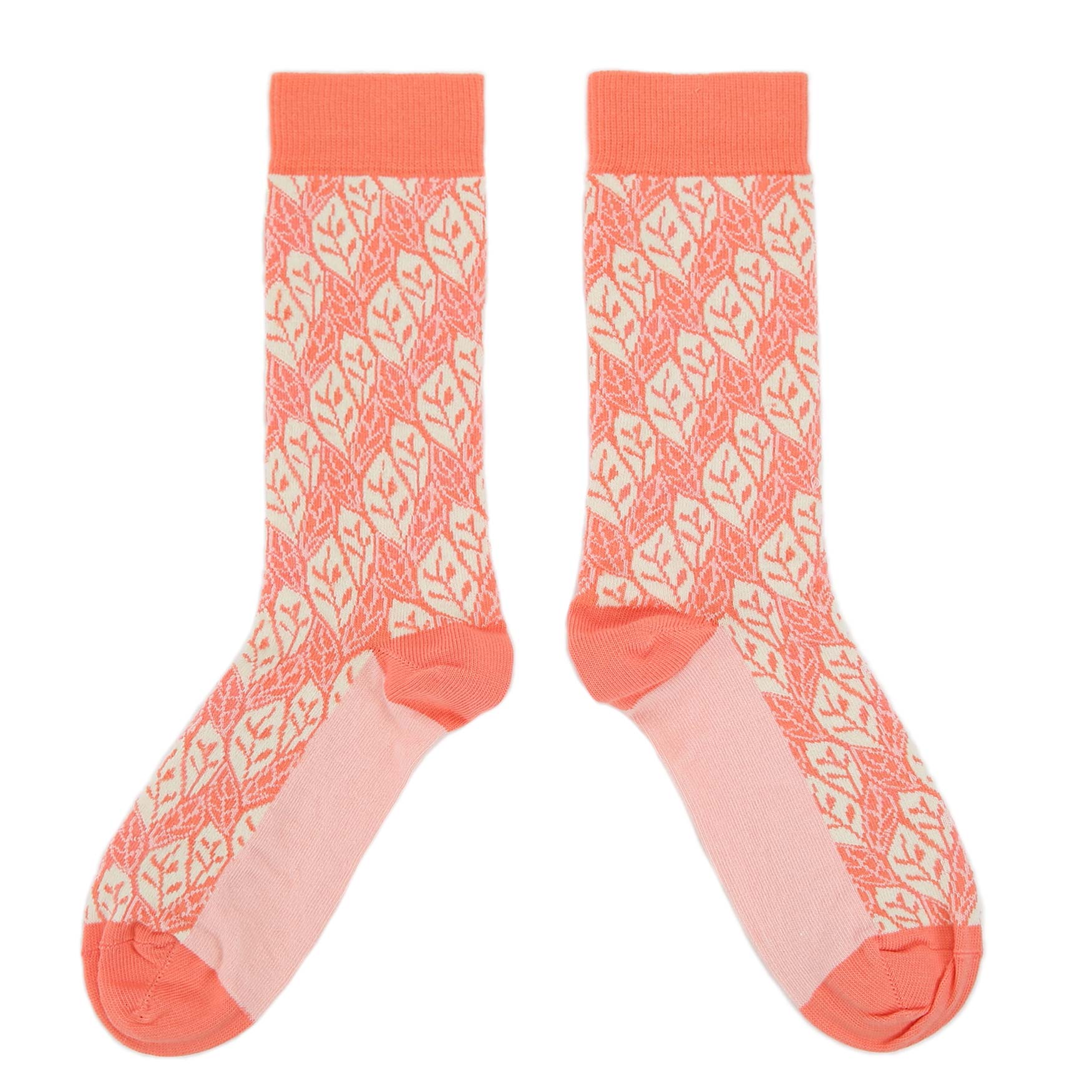 Coral-Cream-Leaf-Pattern-Womens-Dress-Socks-Statement-Sockwear-overhead