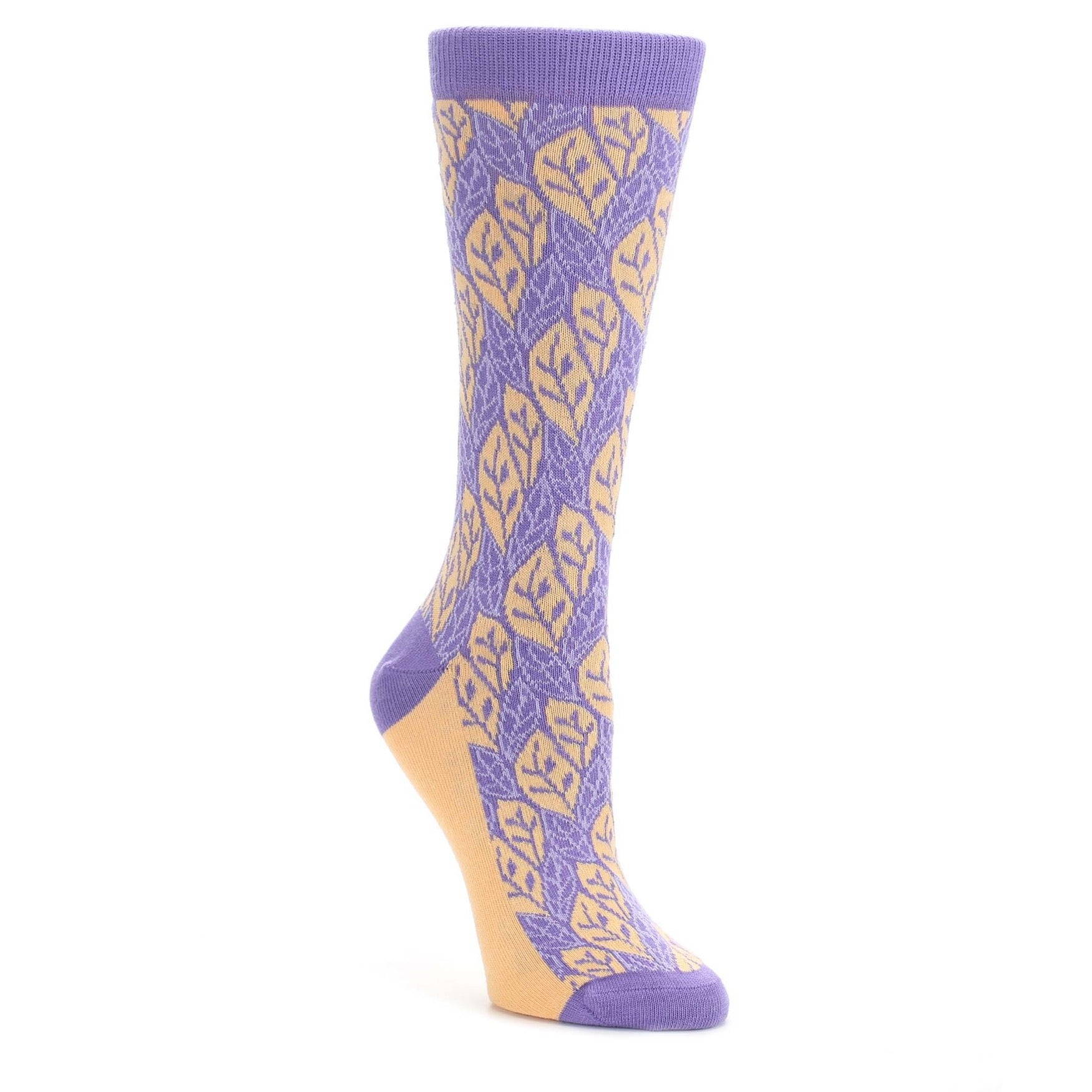 25656-Purple-Orange-Leaf-Pattern-Womens-Dress-Socks-Statement-Sockwear