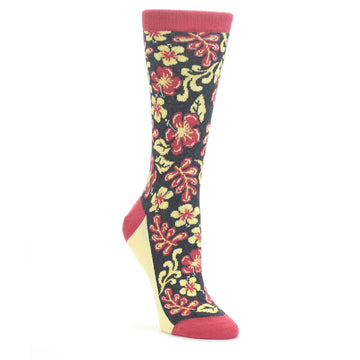 25665-Charcoal-Red-Yellow-Hawaiian-Flower-Womens-Dress-Socks-Statement-Sockwear
