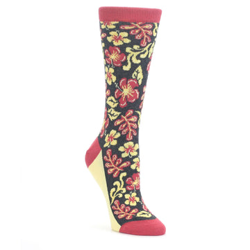 Charcoal Red Yellow Hawaiian Flower Women's Dress Socks