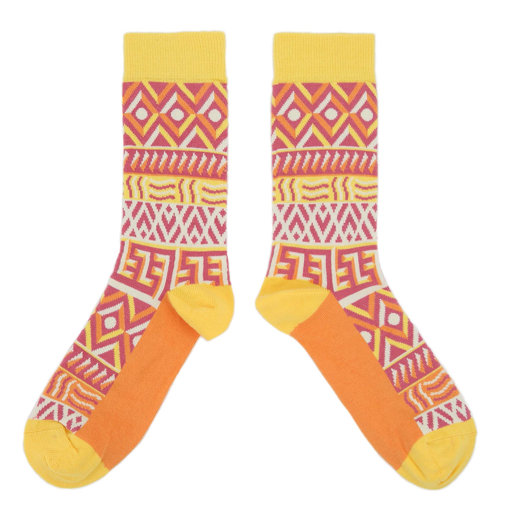 Red-Yellow-Orange-Tribal-Pattern-Womens-Dress-Socks-Statement-Sockwear-overhead