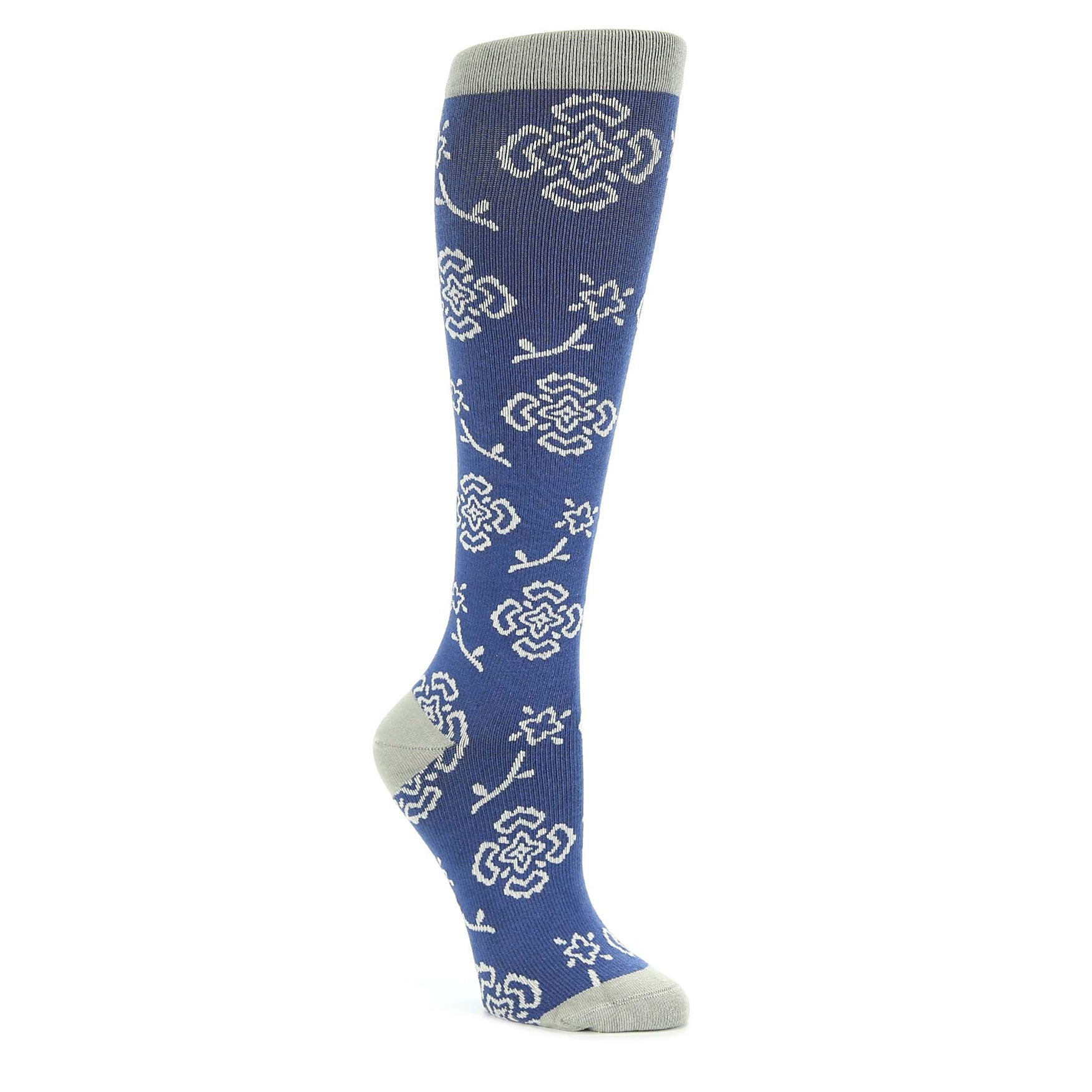Blue Gray Floral Compression Socks - Women's Knee High Socks