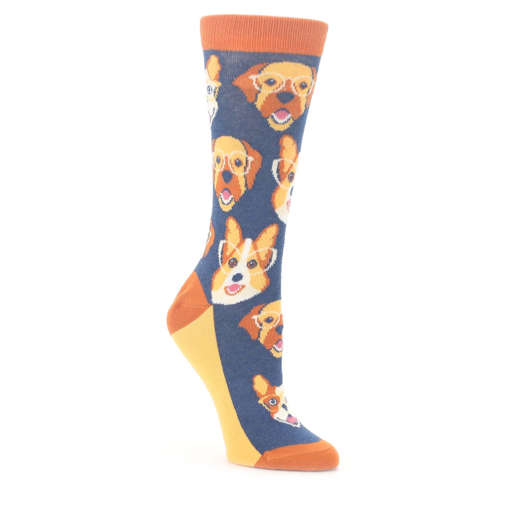 Navy Orange Dog Faces Women's Dress Socks