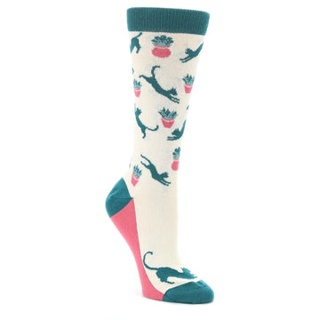 Cream Teal Cat Socks - Women's Novelty Socks