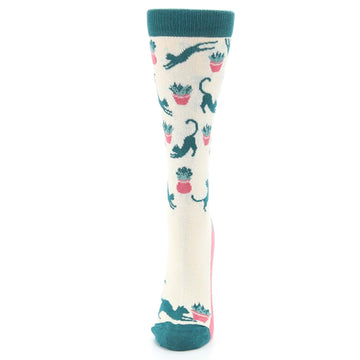 Cream Teal Cat Socks - Women's Novelty Socks