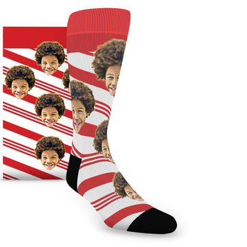 Red White Candy Cane Christmas Custom Face Socks - Men's Custom Socks