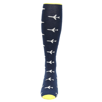 Navy Yellow Airplane Pattern Men's Over-the-Calf Dress Socks